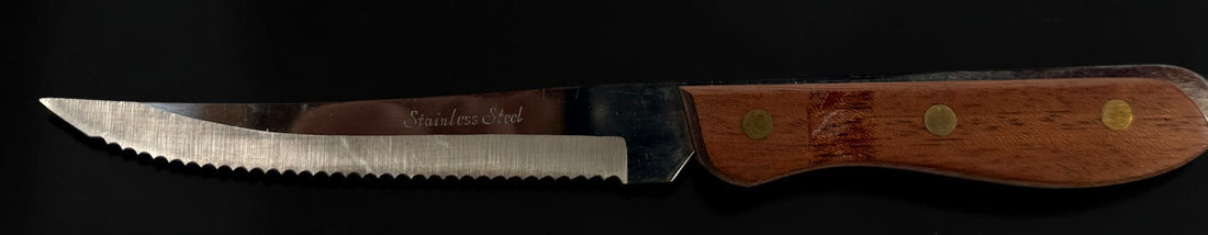 Vintage Knight’s Swords 6-piece Japanese stainless steel knife and carving set with wood handles and original red velvet presentation box.