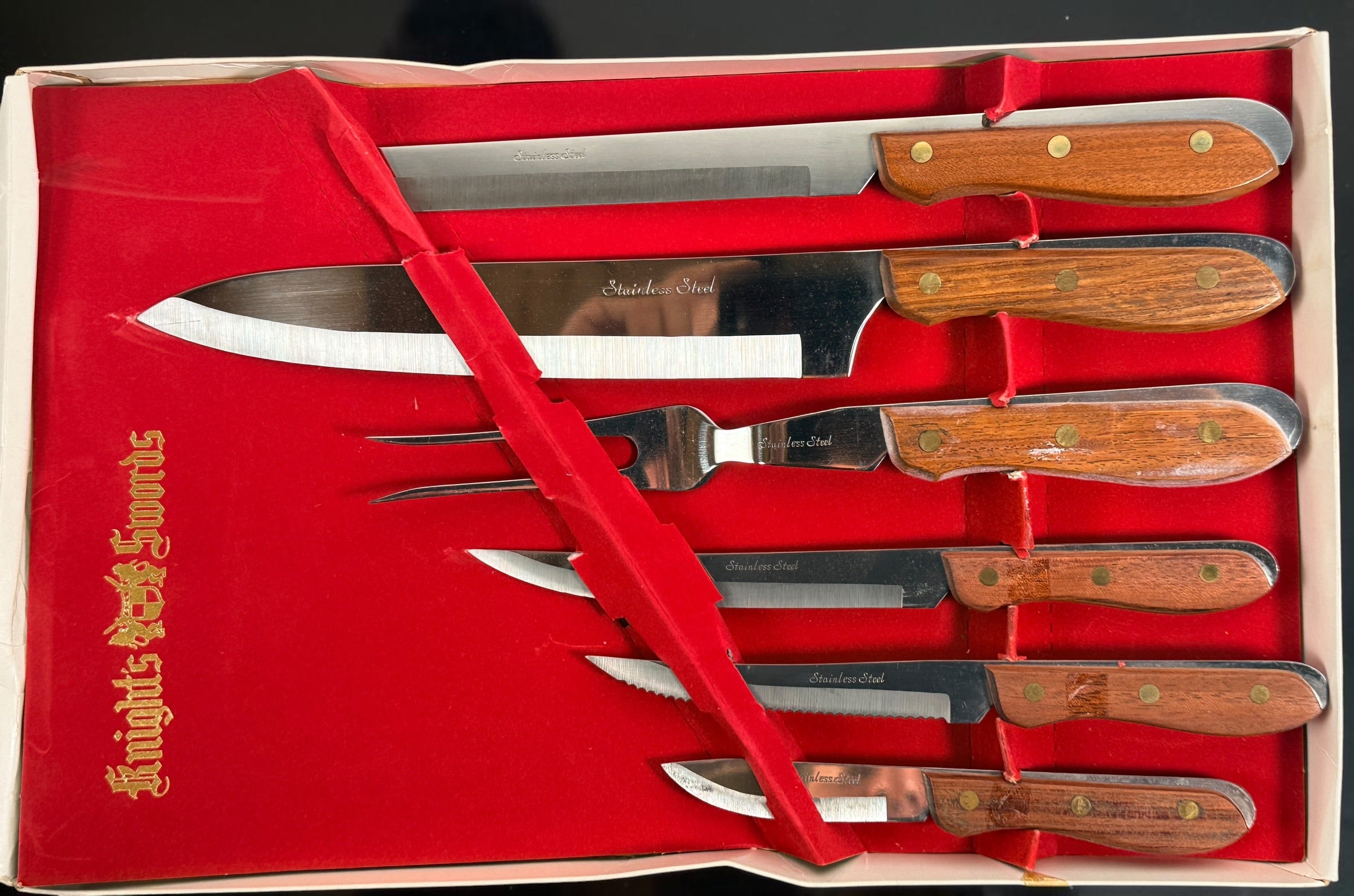 Vintage Knight’s Swords 6-piece Japanese stainless steel knife and carving set with wood handles and original red velvet presentation box.