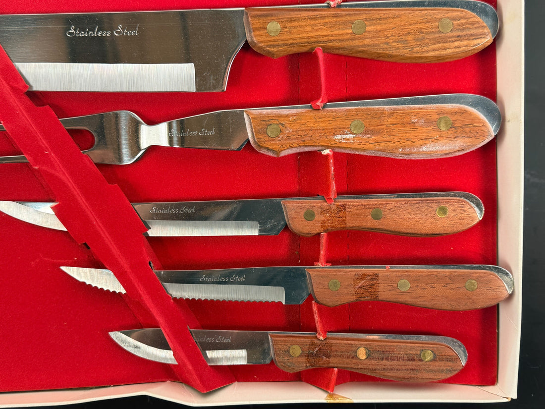 Vintage Knight’s Swords 6-piece Japanese stainless steel knife and carving set with wood handles and original red velvet presentation box.