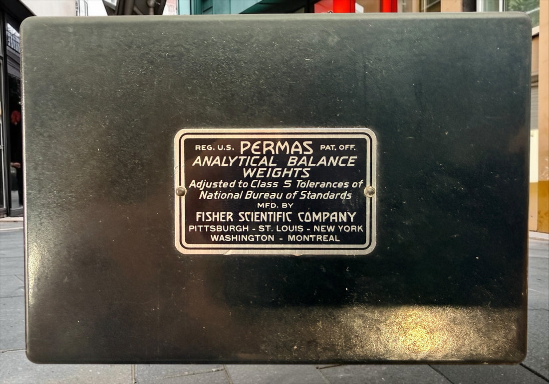 Vintage Fisher Scientific PERMAS analytical balance weight set with original fitted case, six precision weights and Fisher tweezers. Mid-century USA.