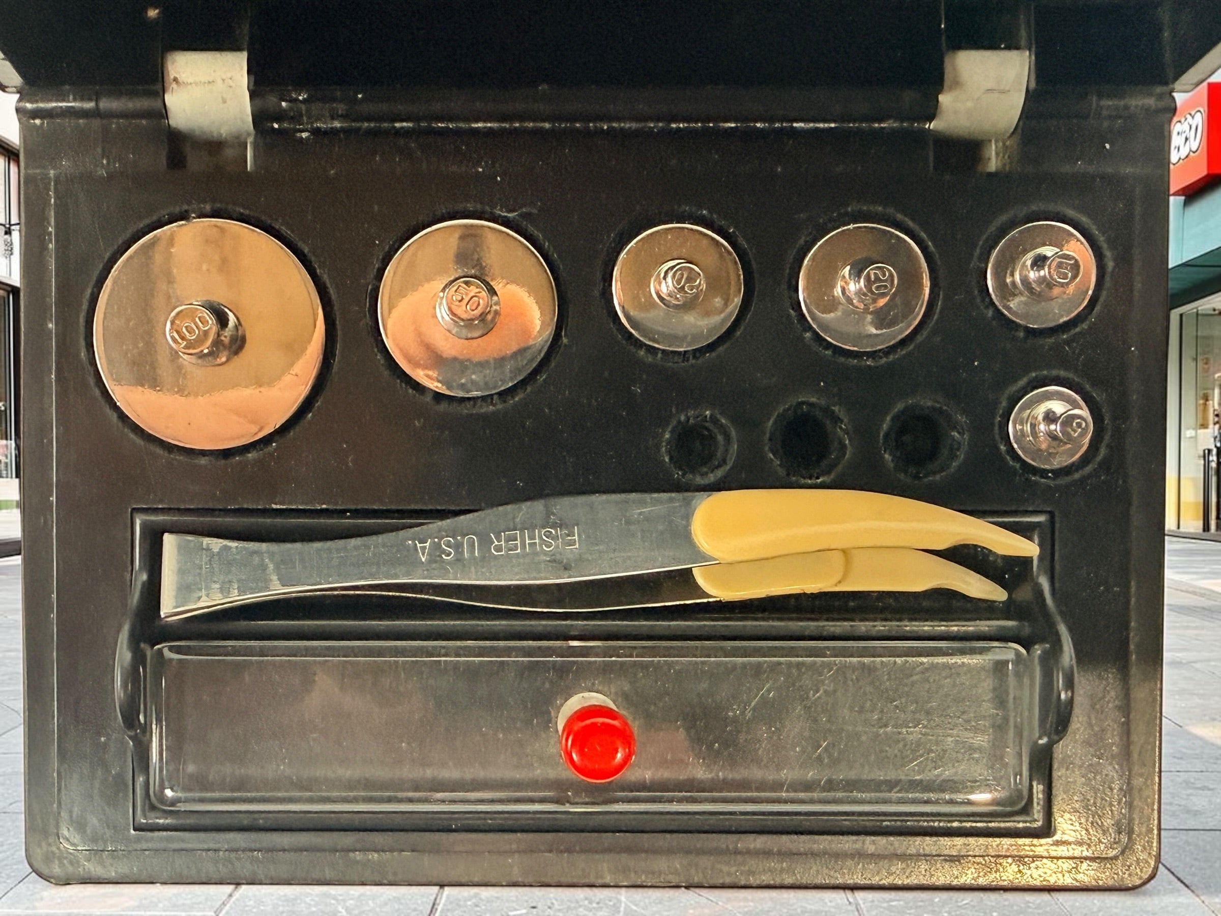 Vintage Fisher Scientific PERMAS analytical balance weight set with original fitted case, six precision weights and Fisher tweezers. Mid-century USA.