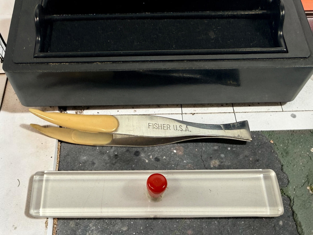 Vintage Fisher Scientific PERMAS analytical balance weight set with original fitted case, six precision weights and Fisher tweezers. Mid-century USA.