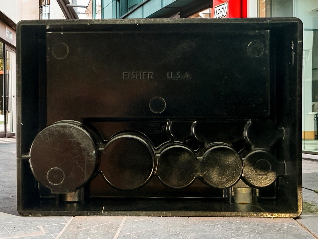 Vintage Fisher Scientific PERMAS analytical balance weight set with original fitted case, six precision weights and Fisher tweezers. Mid-century USA.