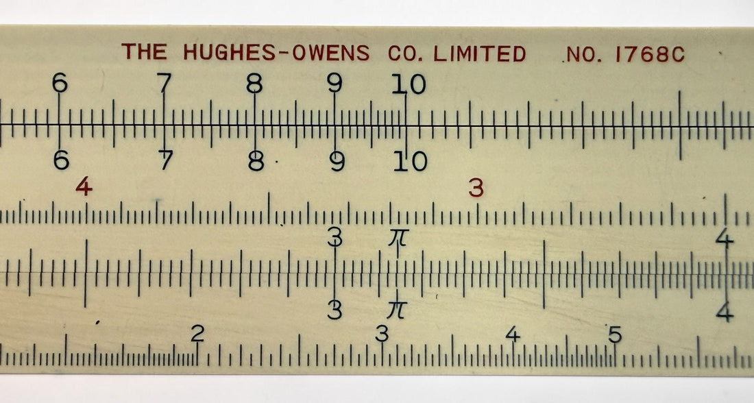 Vintage Hughes-Owens No. 1768C 10-inch slide rule made in Japan by Sun Hemmi. Mid-century bamboo engineering calculator with original case.