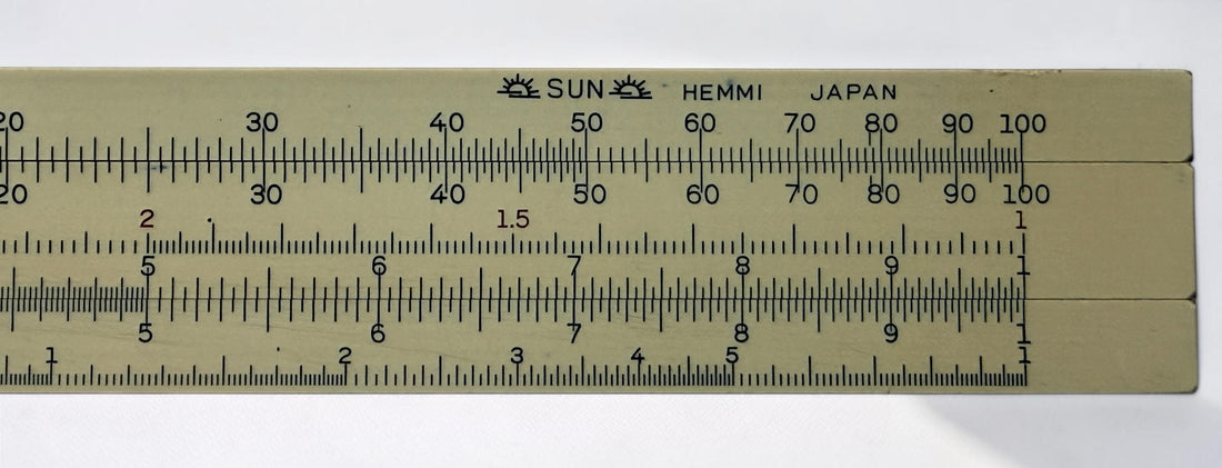 Vintage Hughes-Owens No. 1768C 10-inch slide rule made in Japan by Sun Hemmi. Mid-century bamboo engineering calculator with original case.
