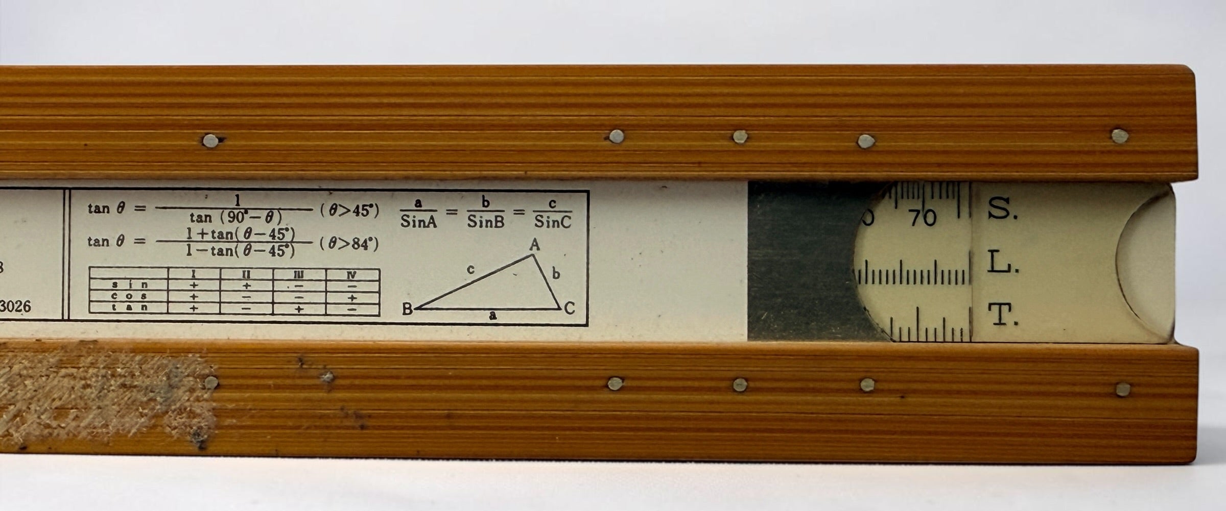 Vintage Hughes-Owens No. 1768C 10-inch slide rule made in Japan by Sun Hemmi. Mid-century bamboo engineering calculator with original case.