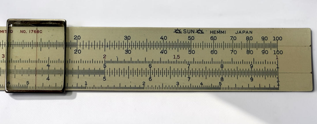 Vintage Hughes-Owens No. 1768C 10-inch slide rule made in Japan by Sun Hemmi. Mid-century bamboo engineering calculator with original case.