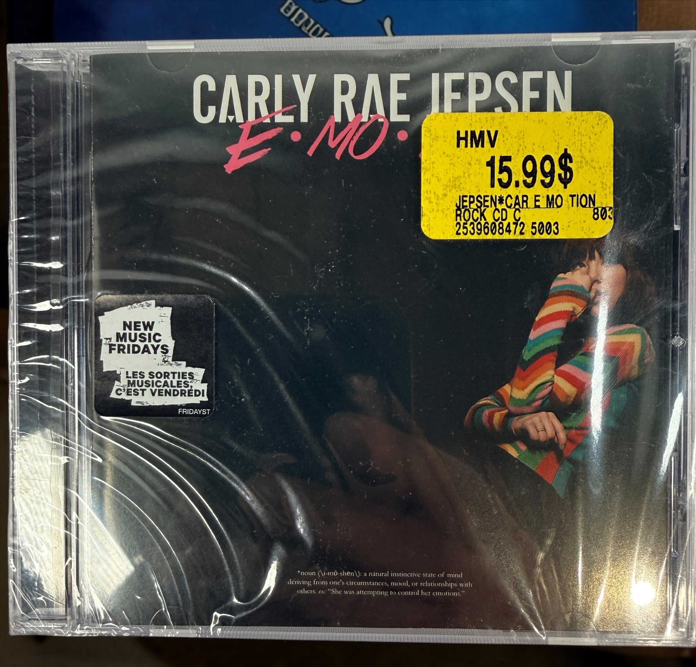 Factory-sealed Carly Rae Jepsen E•MO•TION CD (2015). Original Canadian release with HMV sticker, featuring “Run Away With Me” and “I Really Like You.”