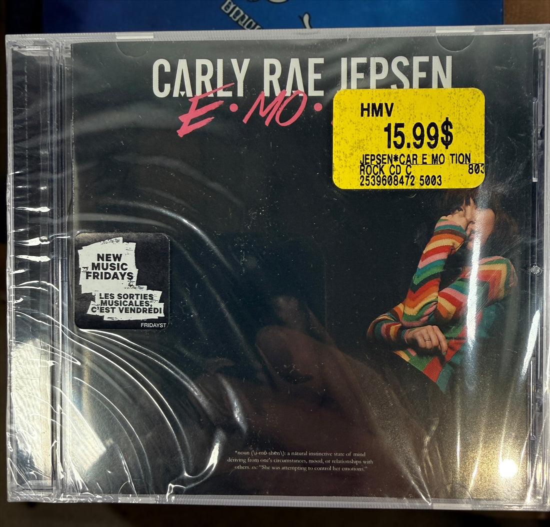 Factory-sealed Carly Rae Jepsen E•MO•TION CD (2015). Original Canadian release with HMV sticker, featuring “Run Away With Me” and “I Really Like You.”