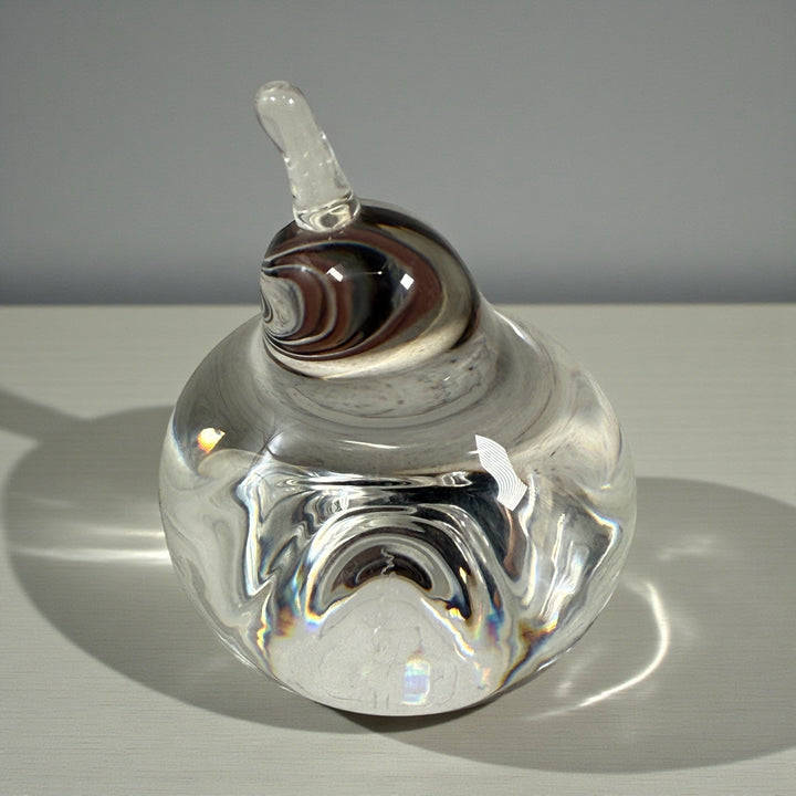 Signed Steuben crystal apple paperweight, hand-blown USA lead crystal, elegant desk decor, vintage American art glass collectible.