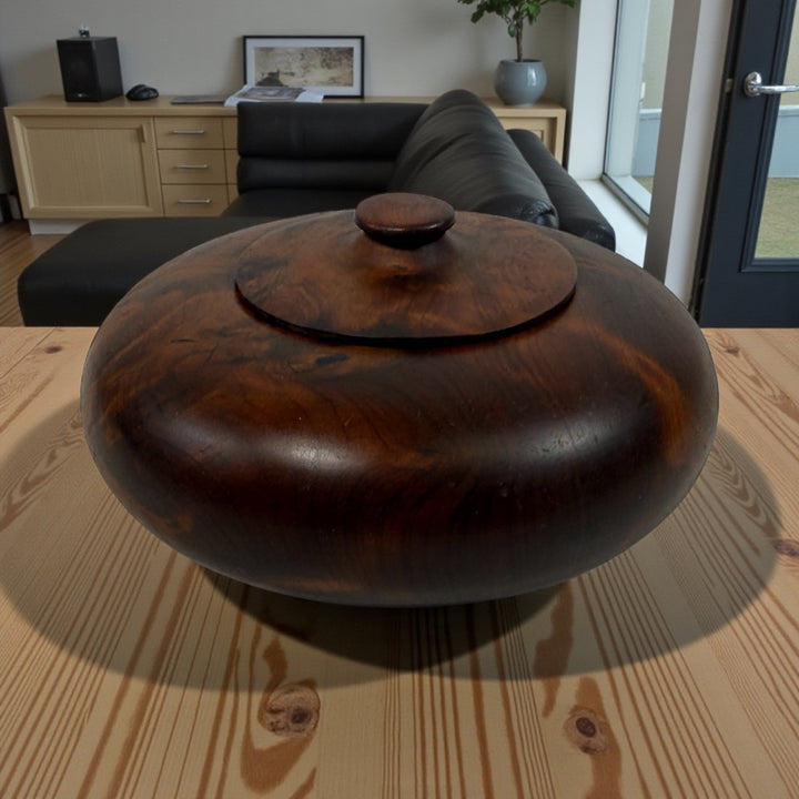 Vintage hand-turned walnut lidded bowl, small decorative trinket dish with natural wood grain, mid-century modern style decor accent.