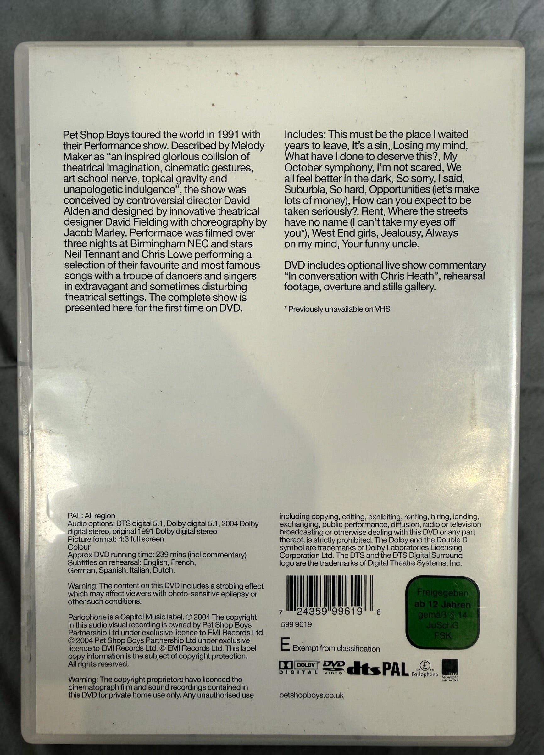 Pet Shop Boys, Performance 1991 Live Show, DVD 2004. PAL Version