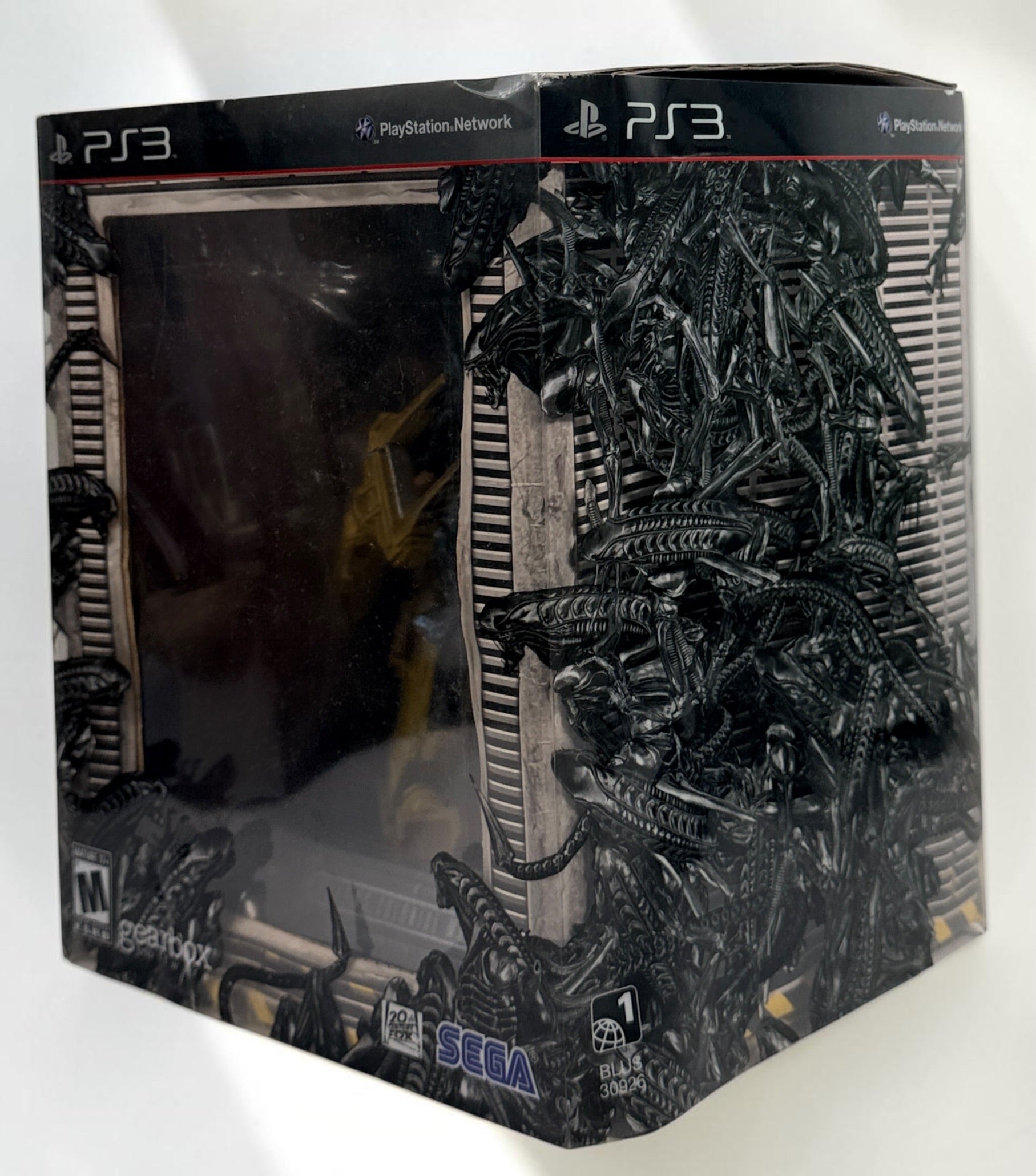 Aliens Colonial Marines Collector’s Edition for PS3 with Power Loader vs. Xenomorph statue, sealed USCM patches and original packaging. Water-damaged box.
