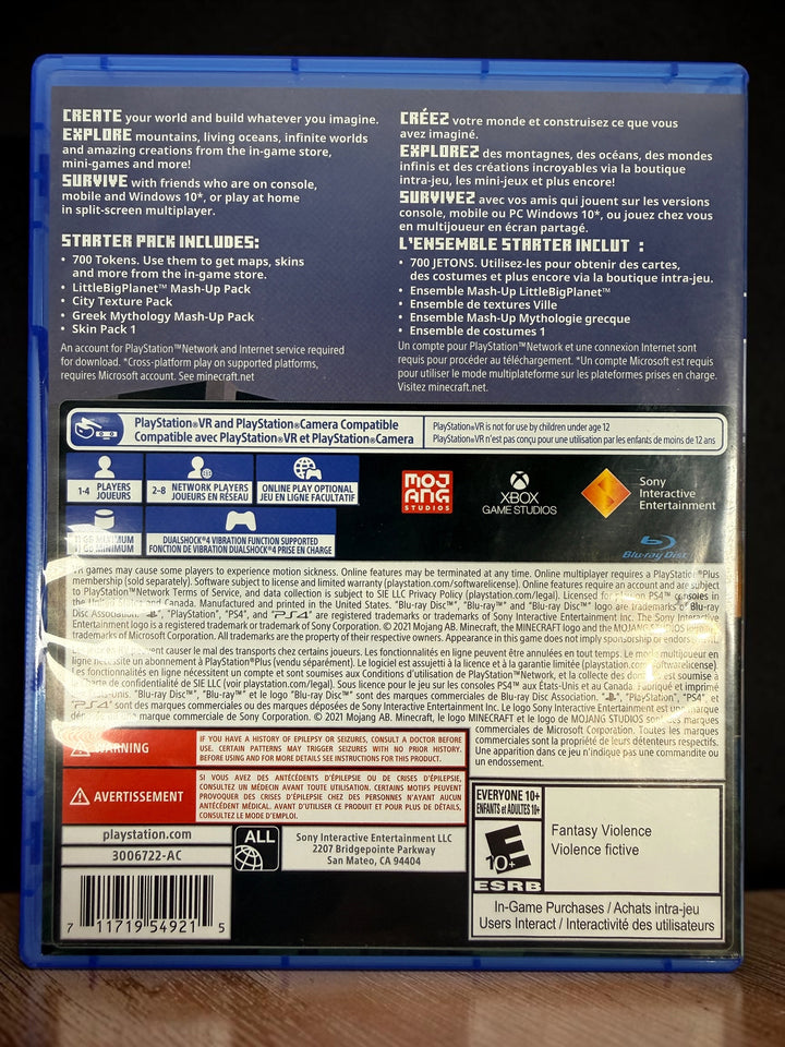 Complete Minecraft for PS4 with original case, game disc and Starter Pack insert. PS VR compatible. Very good pre-owned condition.
