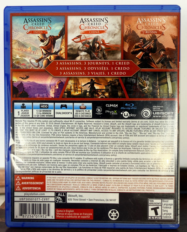 Complete PS4 copy of Assassin’s Creed Chronicles featuring China, India and Russia. Includes original case, insert and tested game disc in good condition.