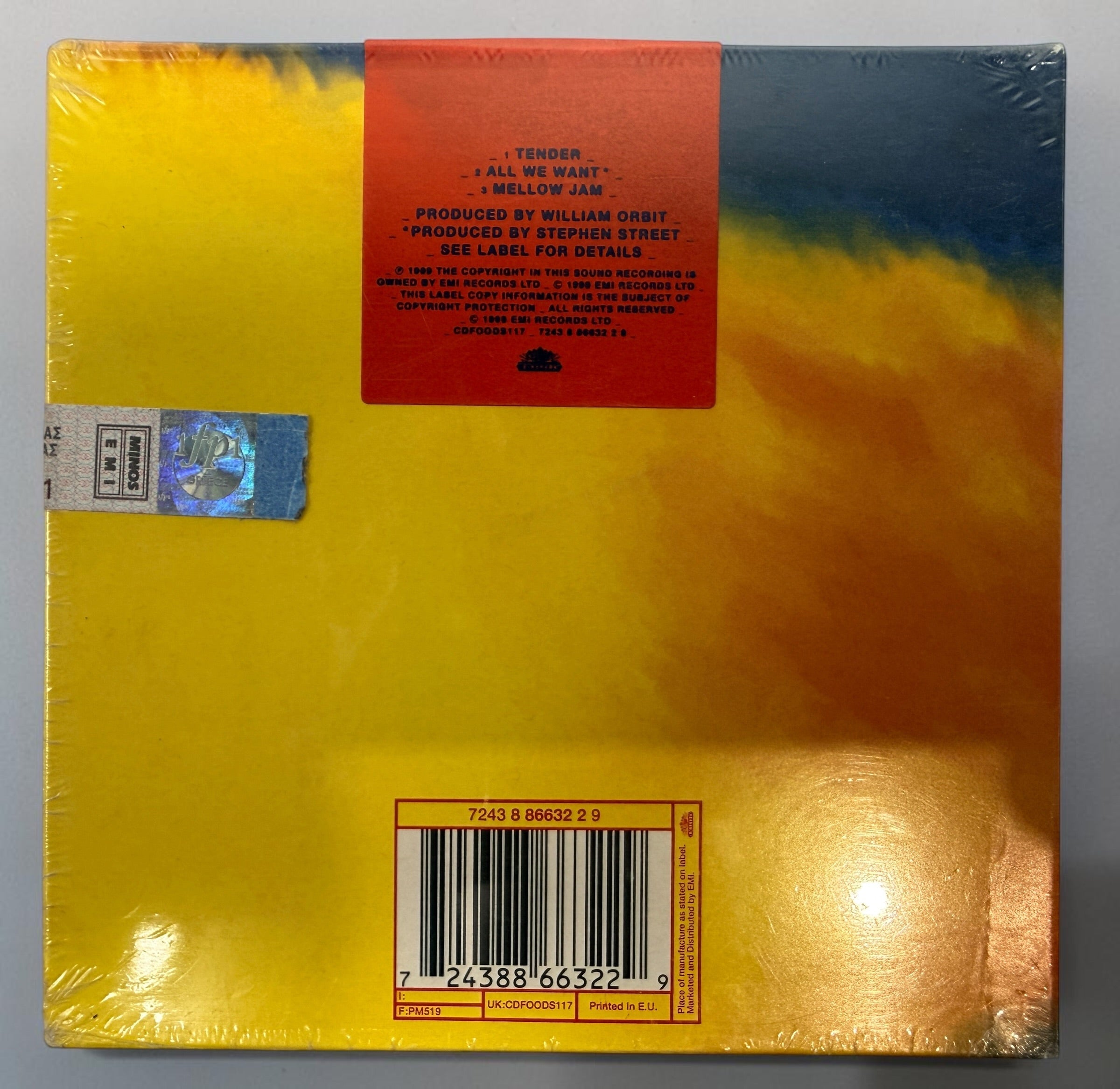 Factory-sealed Blur Tender CD single from 1999 on Food Records/EMI. European pressing featuring Tender, All We Want, and Mellow Jam.