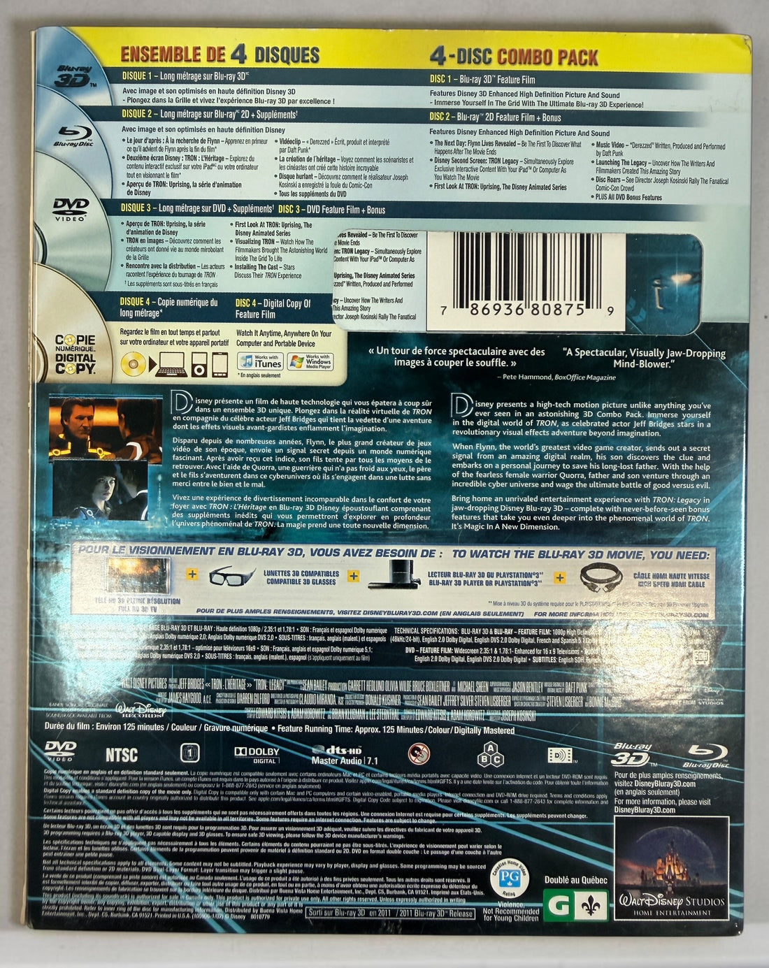 Complete Disney TRON: Legacy 4-disc combo pack with Blu-ray 3D, Blu-ray, DVD, digital copy disc, original case and embossed slipcover. Tested and complete.