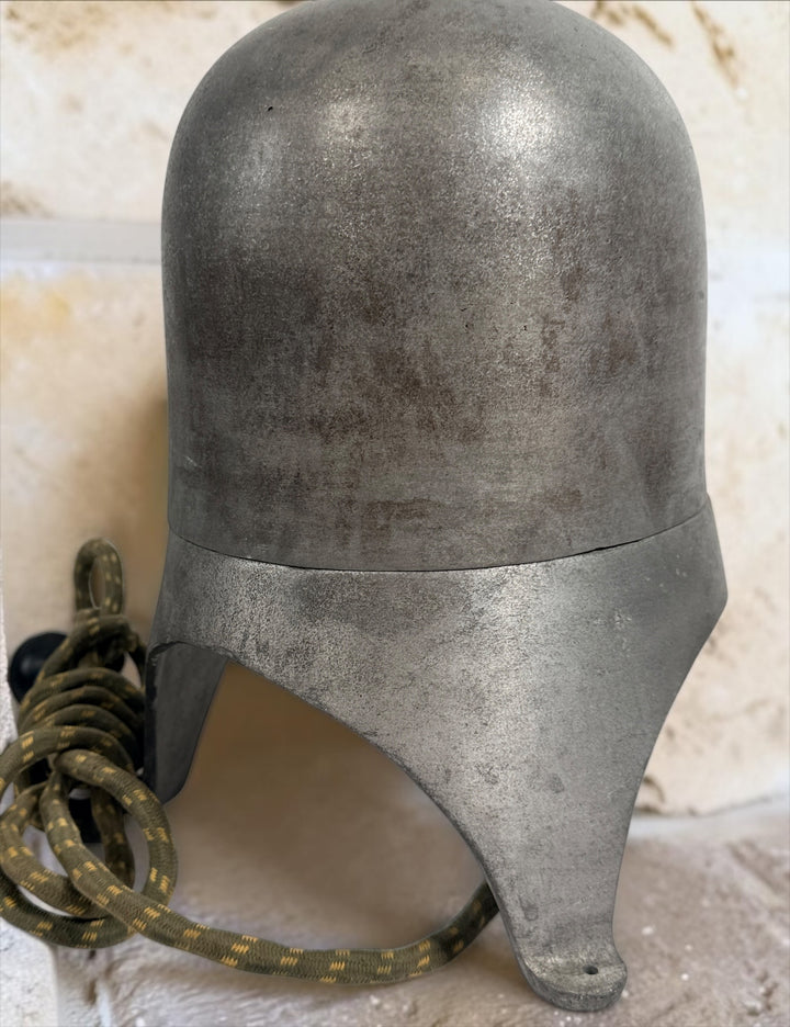 Working antique electric millinery hat block heater with cast aluminum housing and original ceramic heating element. Rare professional hat making equipment from the mid-20th century.