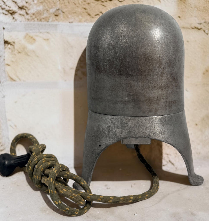 Working antique electric millinery hat block heater with cast aluminum housing and original ceramic heating element. Rare professional hat making equipment from the mid-20th century.