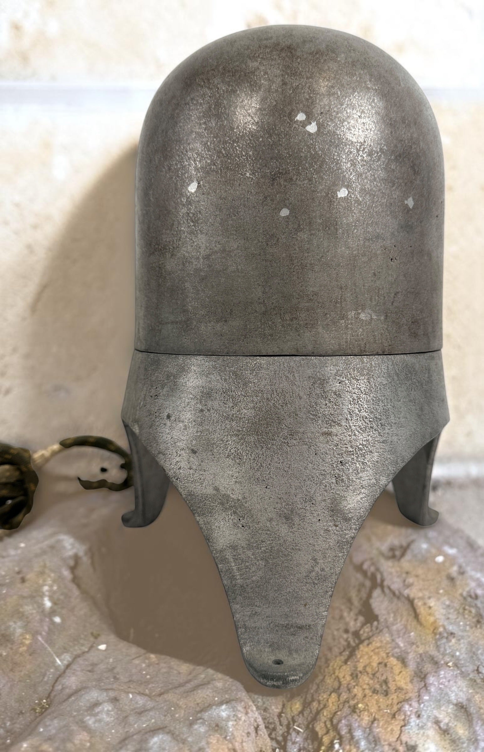 Working antique electric millinery hat block heater with cast aluminum housing and original ceramic heating element. Rare professional hat making equipment from the mid-20th century.
