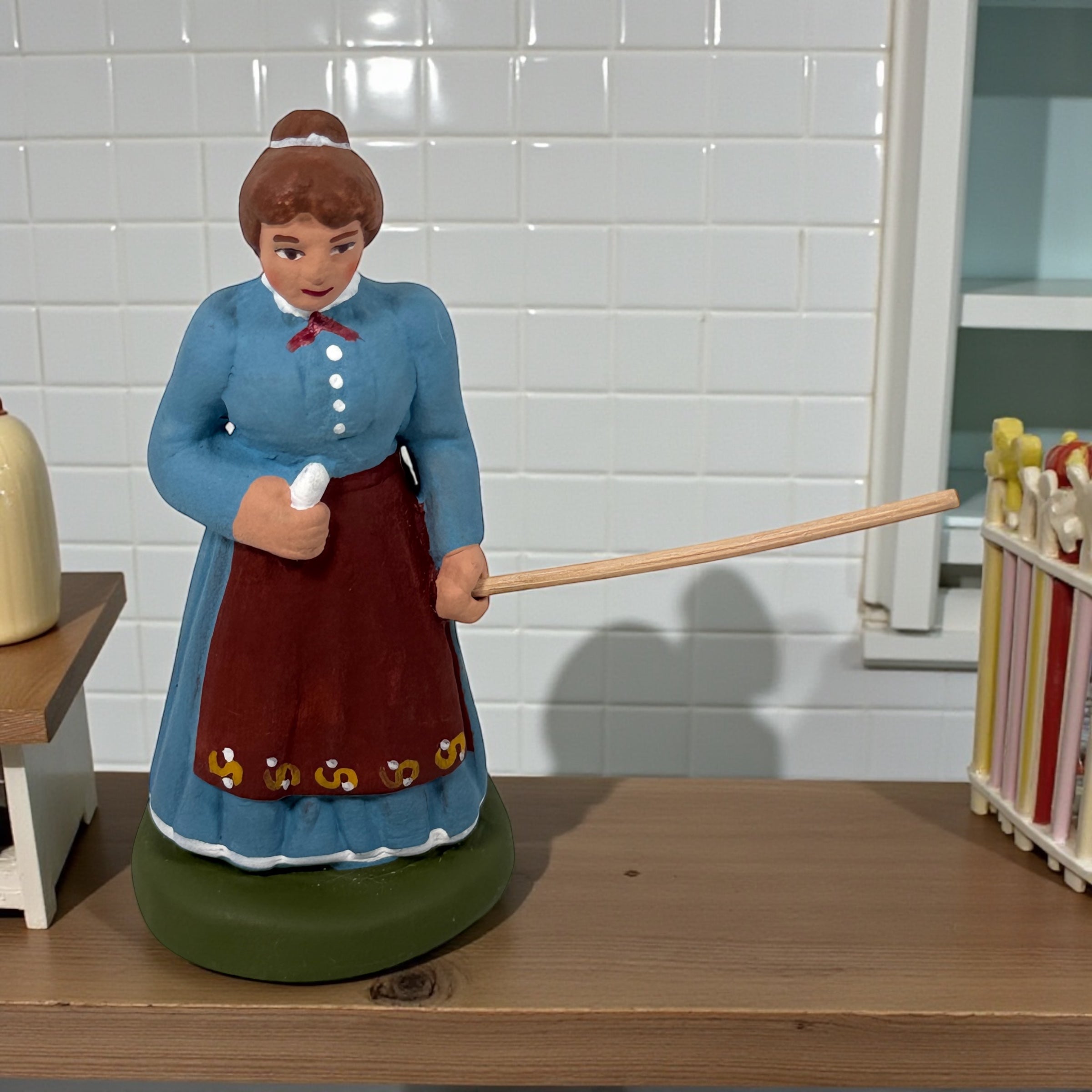 Mid-century French Aubagne pottery figurine by N. Dilandro. Handmade Provençal faience village woman, 1950s French folk art décor.