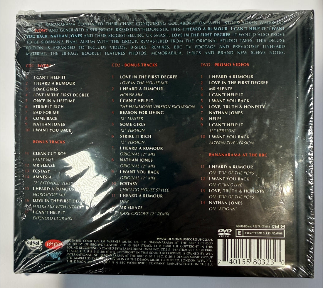 Factory-sealed Bananarama WOW! Deluxe Edition featuring 2 CDs, DVD, 28-page booklet, bonus tracks, remixes, BBC performances and promo videos.