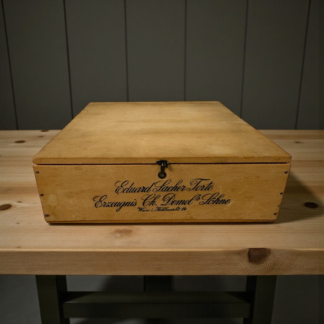 Early 20th century Demel Vienna Sacher Torte wooden cake box. Authentic Austrian culinary ephemera from historic Kohlmarkt café.