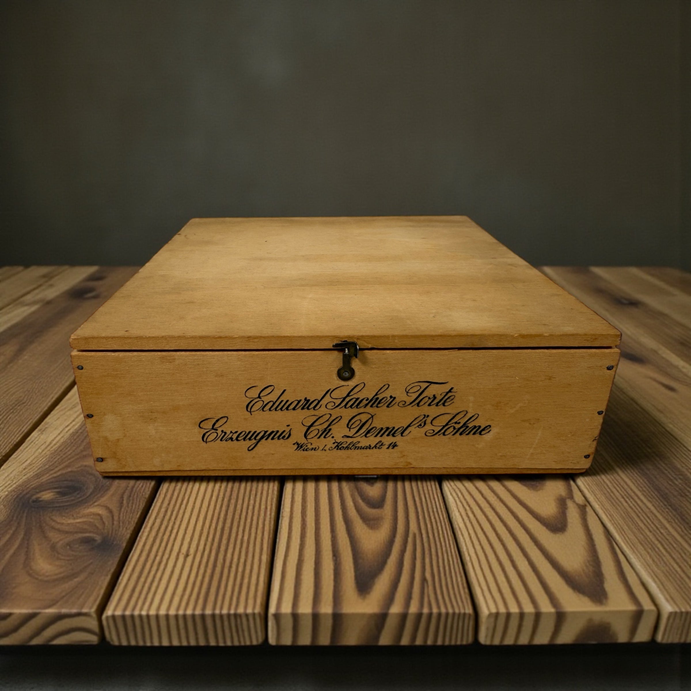 Early 20th century Demel Vienna Sacher Torte wooden cake box. Authentic Austrian culinary ephemera from historic Kohlmarkt café.