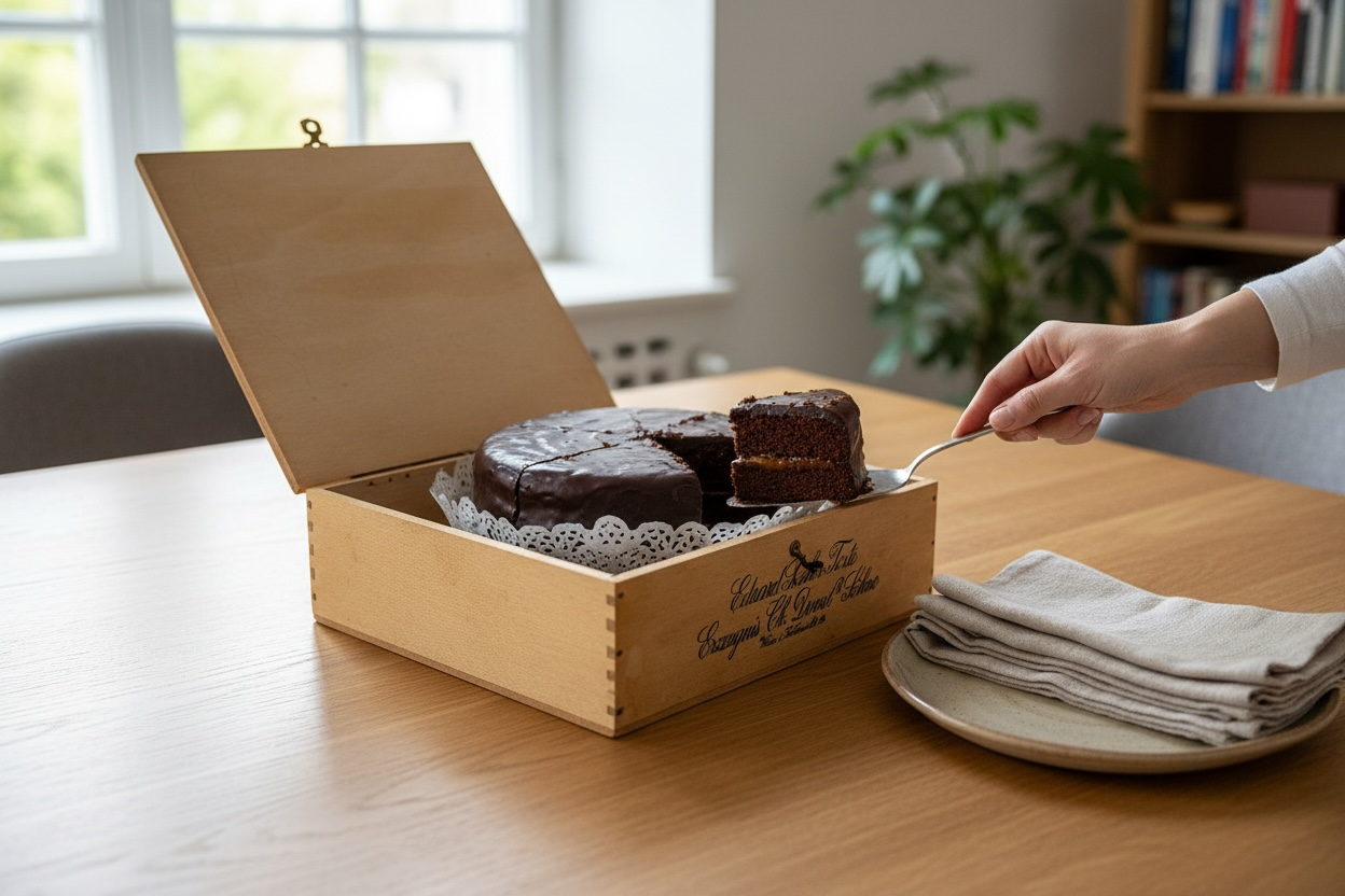 Early 20th century Demel Vienna Sacher Torte wooden cake box. Authentic Austrian culinary ephemera from historic Kohlmarkt café.