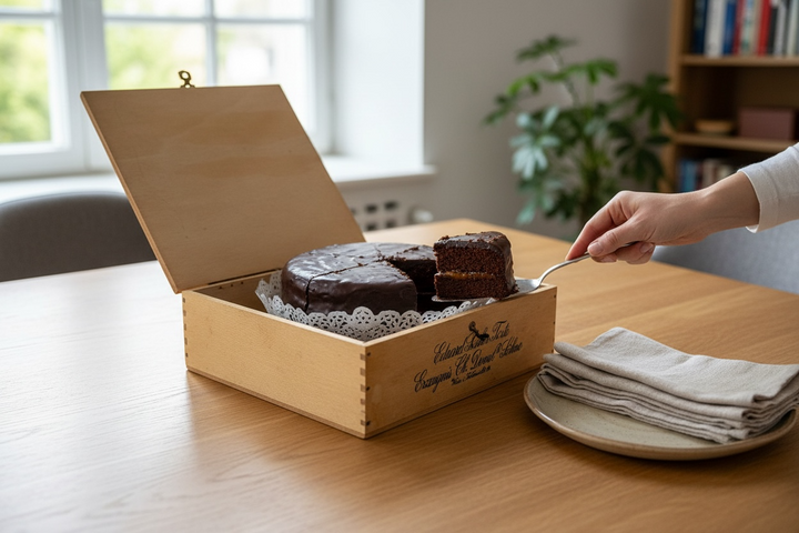 Early 20th century Demel Vienna Sacher Torte wooden cake box. Authentic Austrian culinary ephemera from historic Kohlmarkt café.