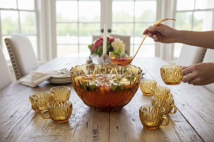 Vintage mid-century amber glass punch bowl set with cups and ladle. Classic starburst pattern, complete set, perfect for retro entertaining.