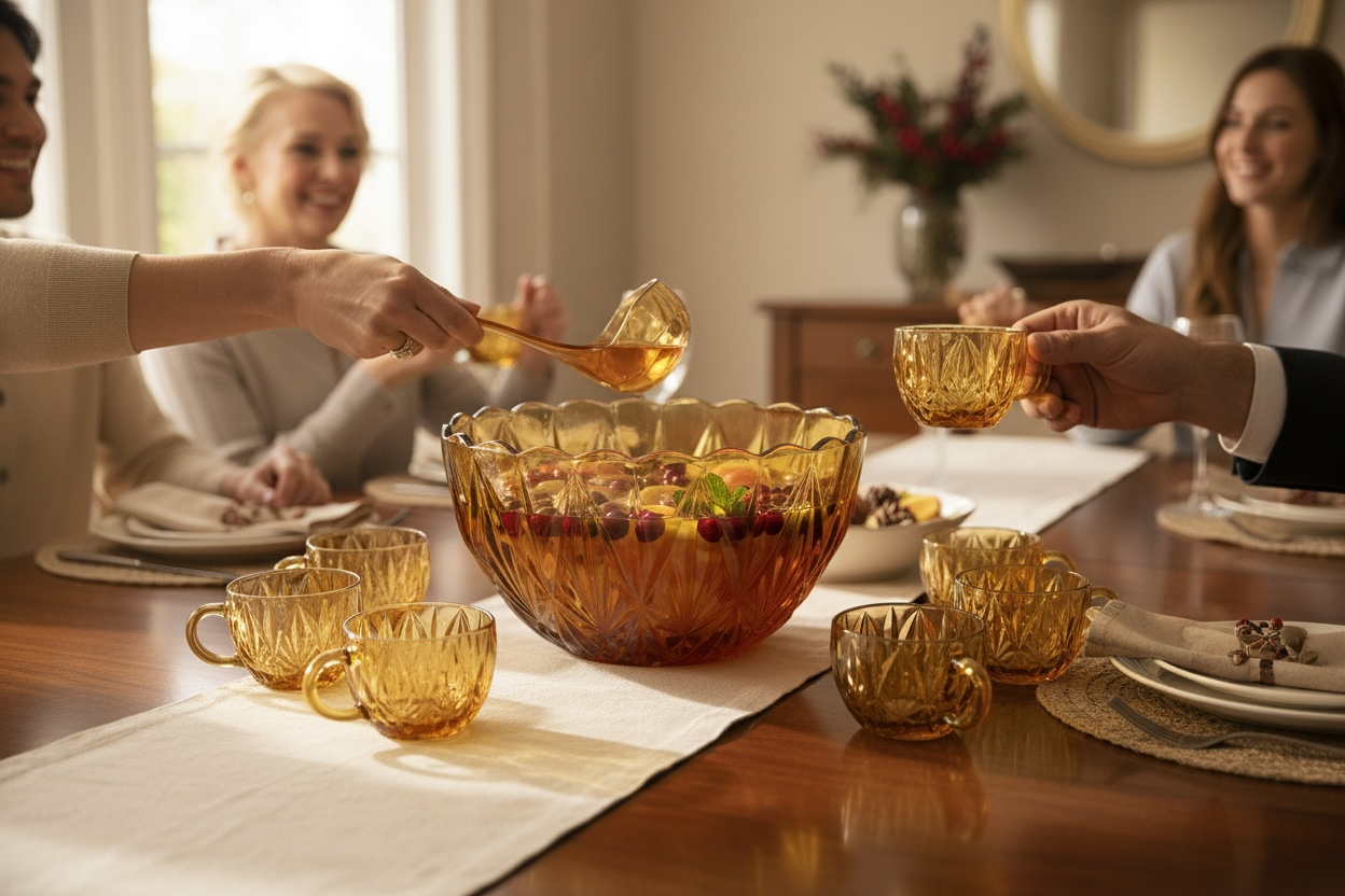 Vintage mid-century amber glass punch bowl set with cups and ladle. Classic starburst pattern, complete set, perfect for retro entertaining.