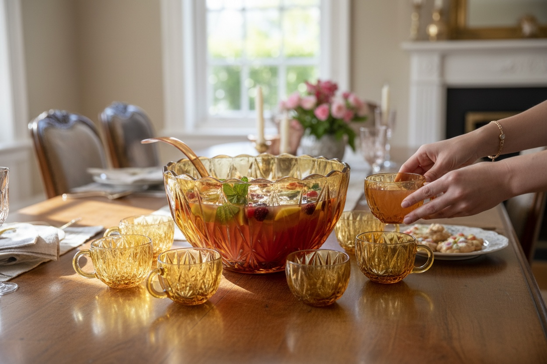 Vintage mid-century amber glass punch bowl set with cups and ladle. Classic starburst pattern, complete set, perfect for retro entertaining.