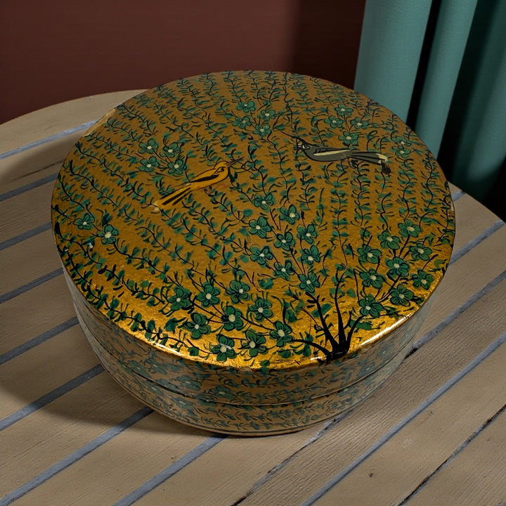 Vintage Kashmiri papier-mâché box with six matching coasters, hand-painted floral and bird design, traditional Indian folk art decor.