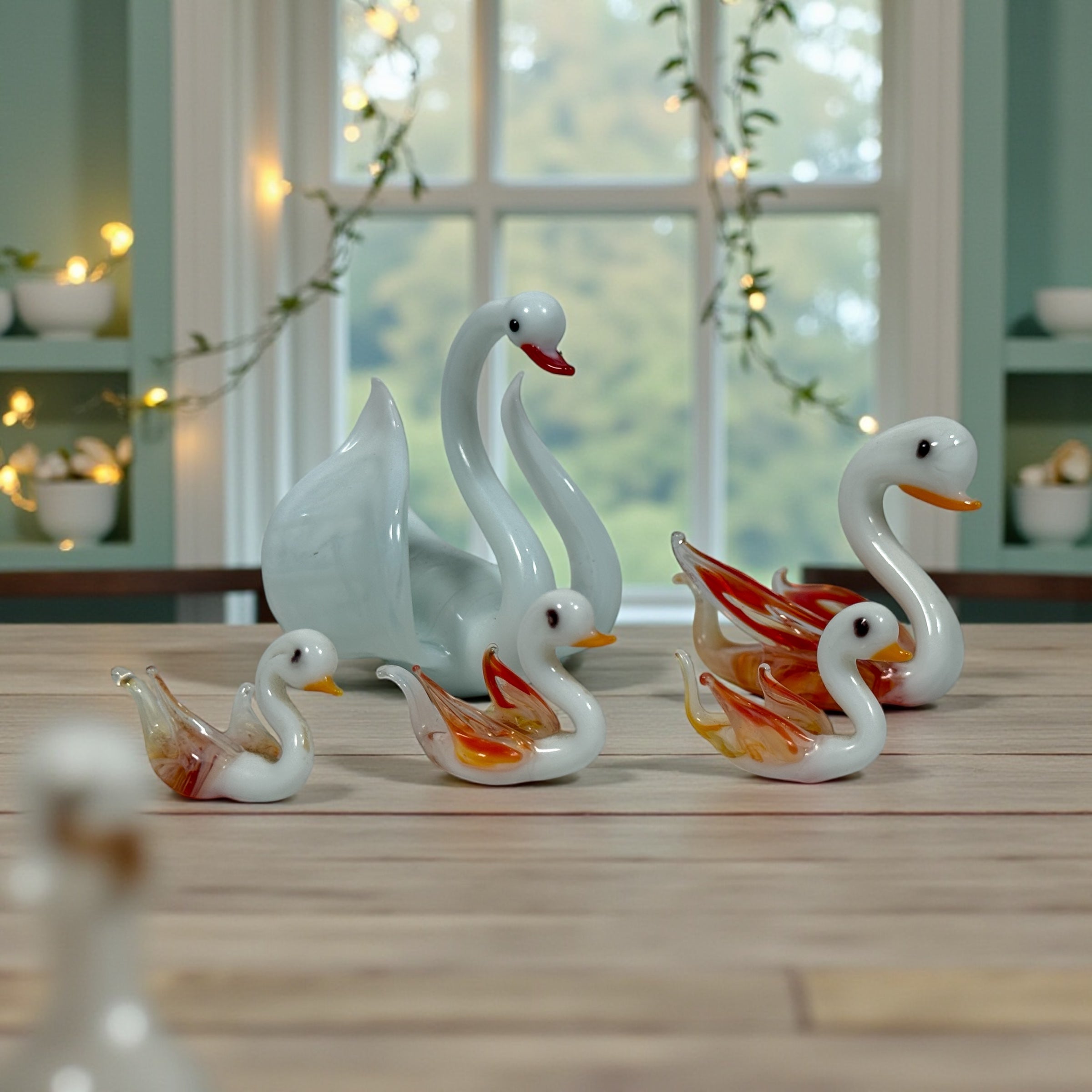 Murano-style art glass swan family set with opaline bodies and amber wings. Decorative 5-piece vintage-style glass display.