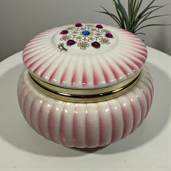 Vintage Italian porcelain trinket box with jeweled lid, Capodimonte-style décor, Made in Italy, mid-century vanity box with gilt floral details.