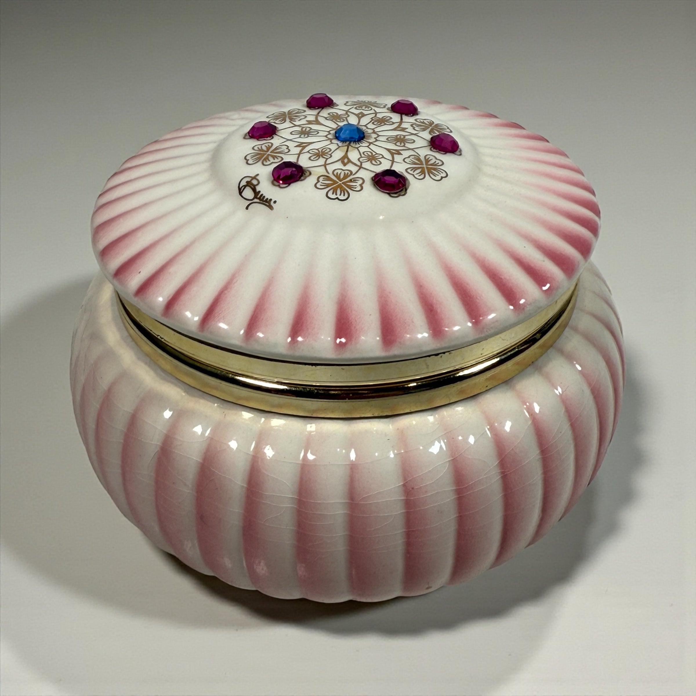 Vintage Italian porcelain trinket box with jeweled lid, Capodimonte-style décor, Made in Italy, mid-century vanity box with gilt floral details.