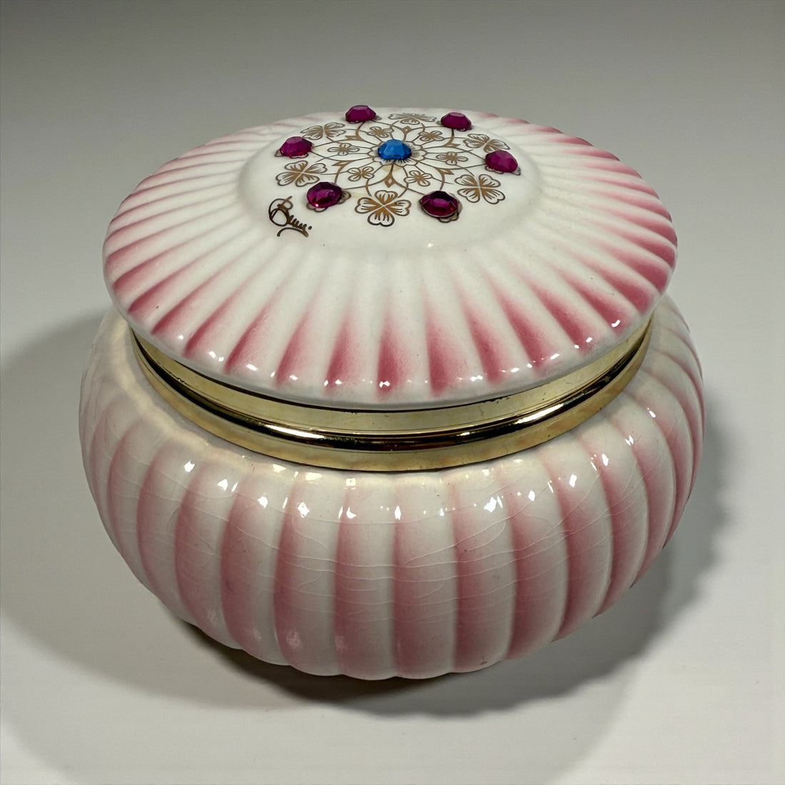 Vintage Italian porcelain trinket box with jeweled lid, Capodimonte-style décor, Made in Italy, mid-century vanity box with gilt floral details.