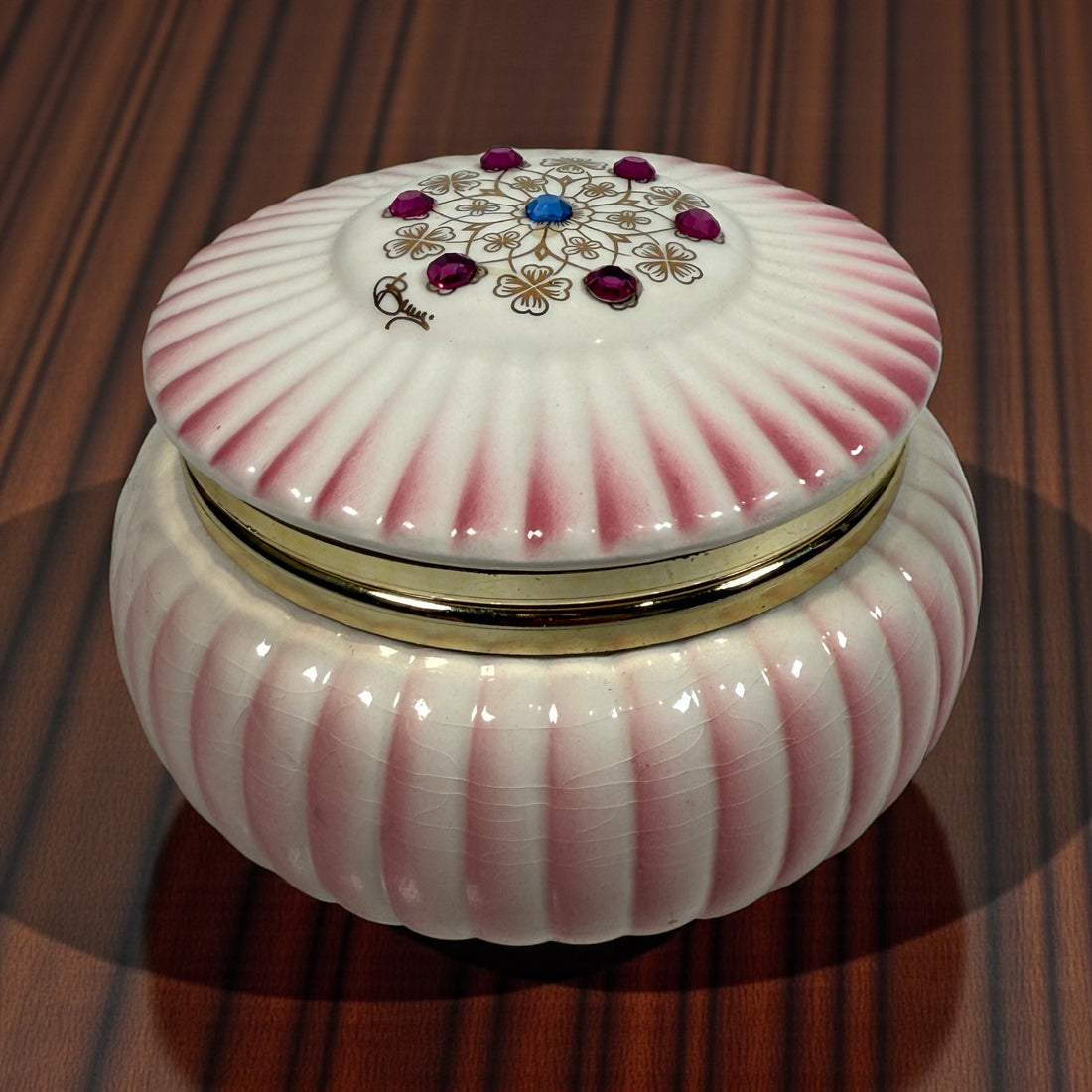 Vintage Italian porcelain trinket box with jeweled lid, Capodimonte-style décor, Made in Italy, mid-century vanity box with gilt floral details.