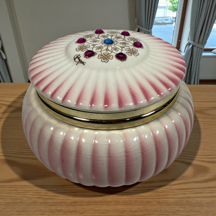 Vintage Italian porcelain trinket box with jeweled lid, Capodimonte-style décor, Made in Italy, mid-century vanity box with gilt floral details.