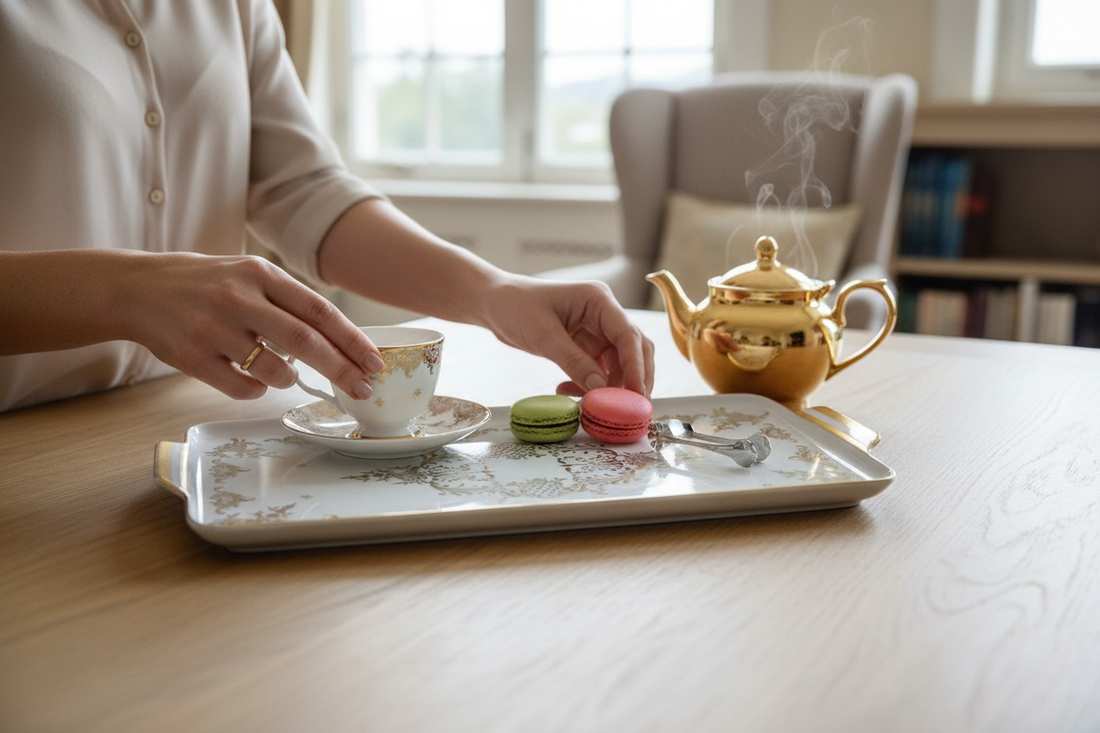 Vintage German porcelain serving tray by R.P.M. with ornate gold gilt and floral décor. Mid-century elegance for tea service or display.