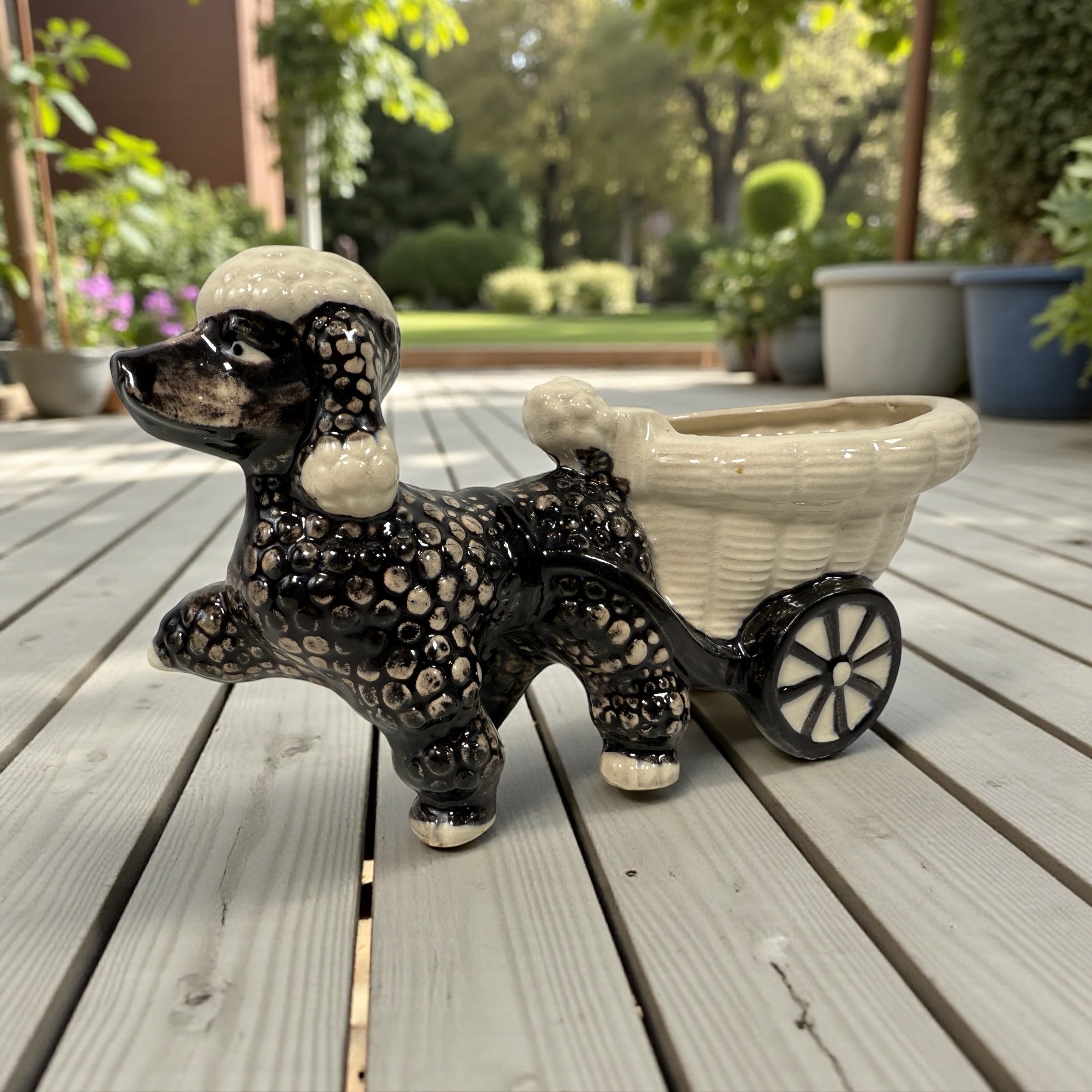 Vintage 1950s Ceramic Poodle Planter with Cart – Hand Decorated