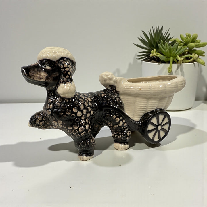 Vintage 1950s ceramic poodle planter with cart, hand-decorated black and cream glaze. Mid-century novelty décor in good condition.