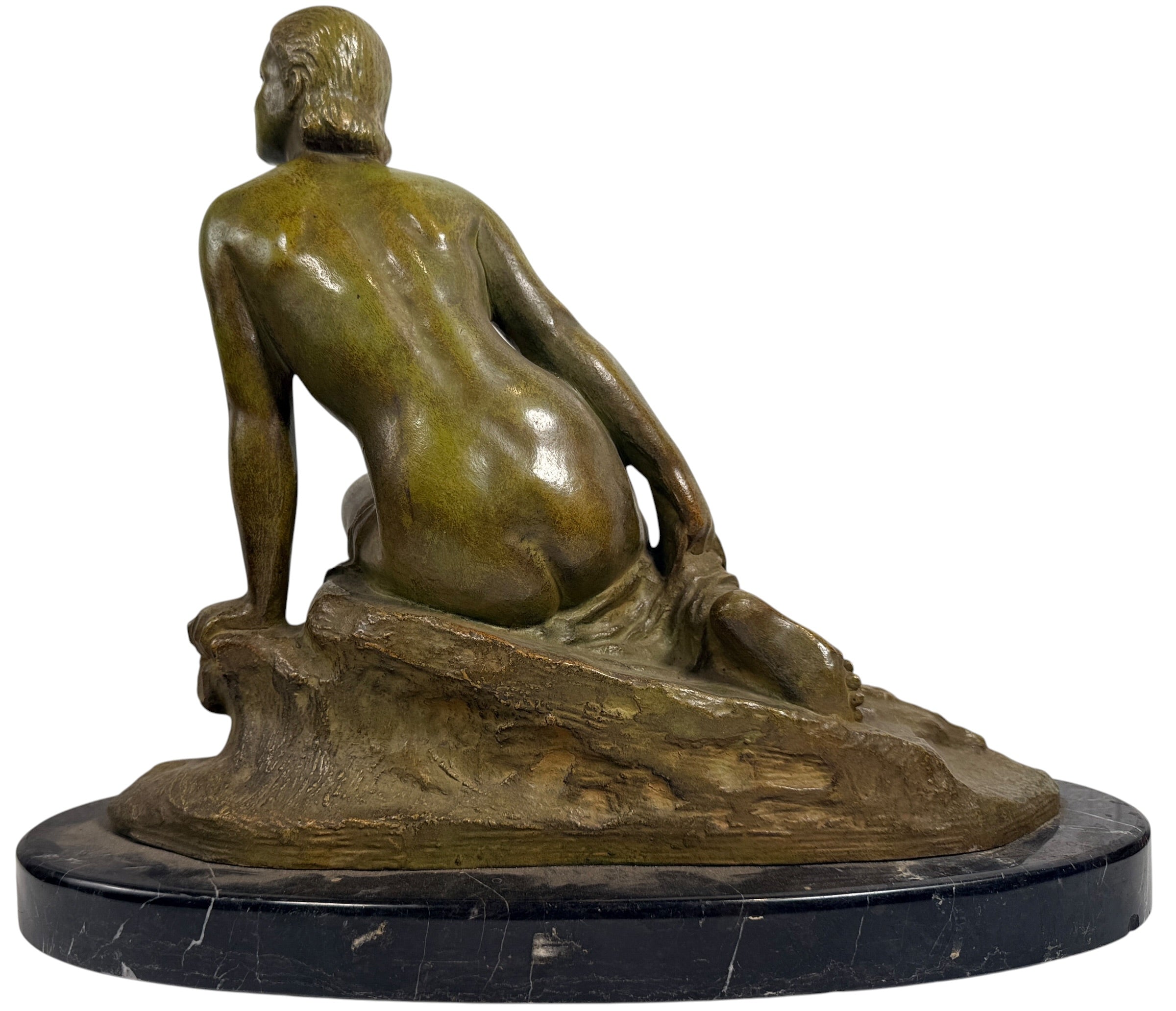 Art Deco seated nude sculpture attributed to Ugo Cipriani, featuring a green-bronze patina and black marble base. Elegant European decorative piece from the 1920s–1930s.