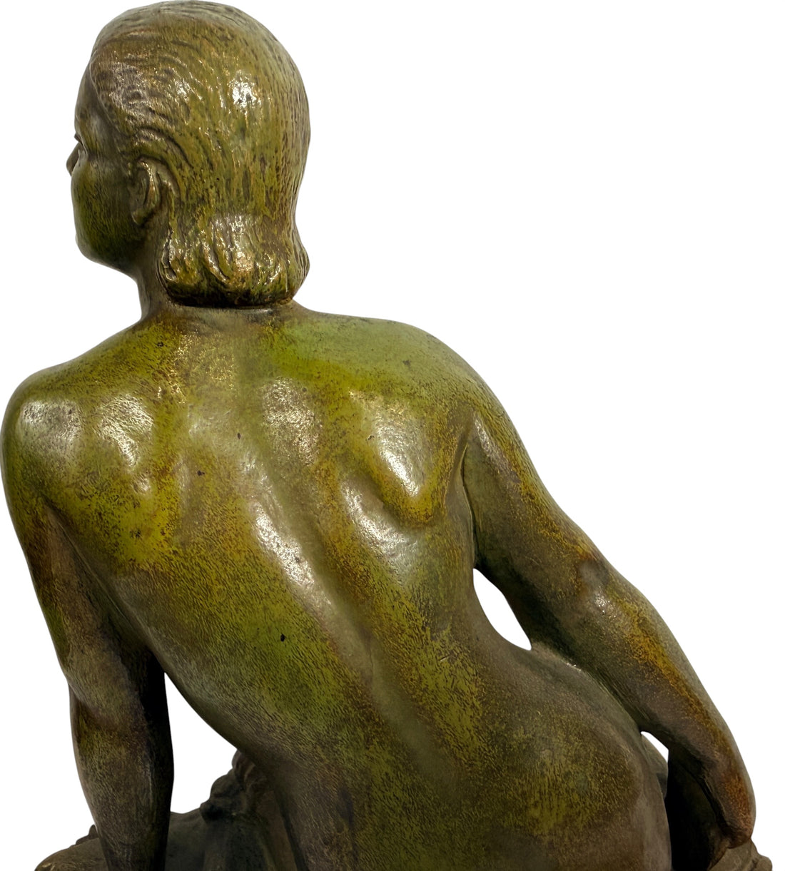 Art Deco seated nude sculpture attributed to Ugo Cipriani, featuring a green-bronze patina and black marble base. Elegant European decorative piece from the 1920s–1930s.