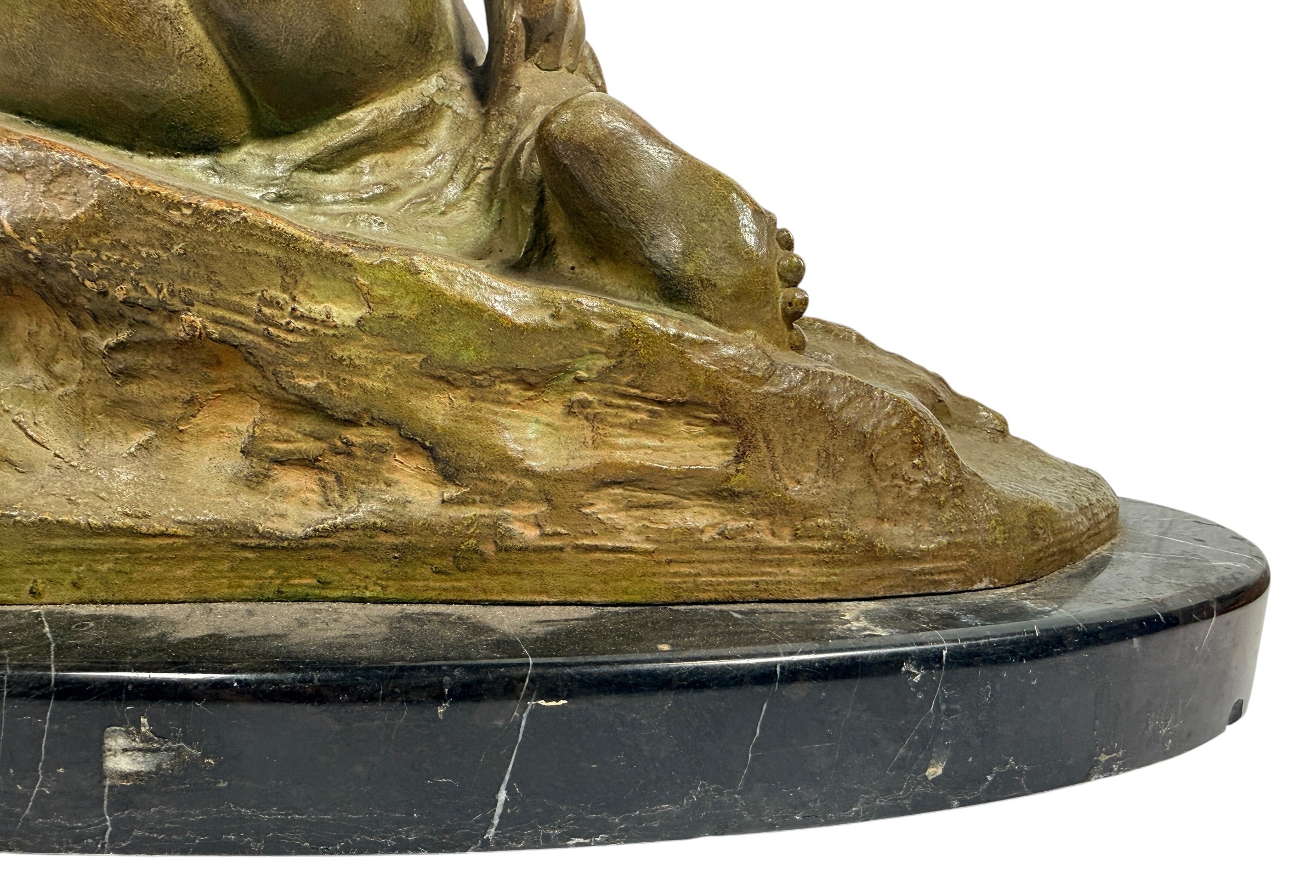 Art Deco seated nude sculpture attributed to Ugo Cipriani, featuring a green-bronze patina and black marble base. Elegant European decorative piece from the 1920s–1930s.