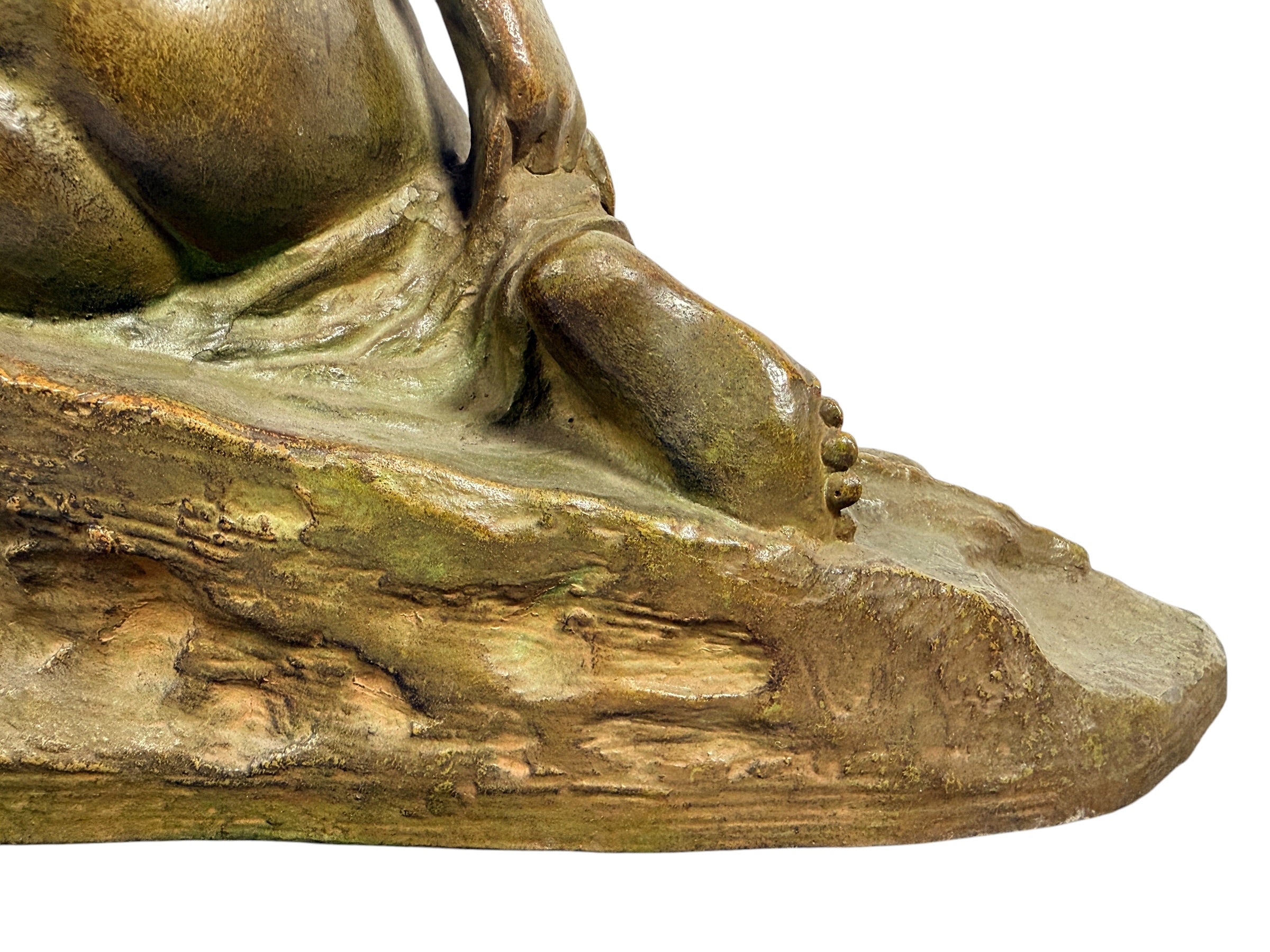 Art Deco seated nude sculpture attributed to Ugo Cipriani, featuring a green-bronze patina and black marble base. Elegant European decorative piece from the 1920s–1930s.