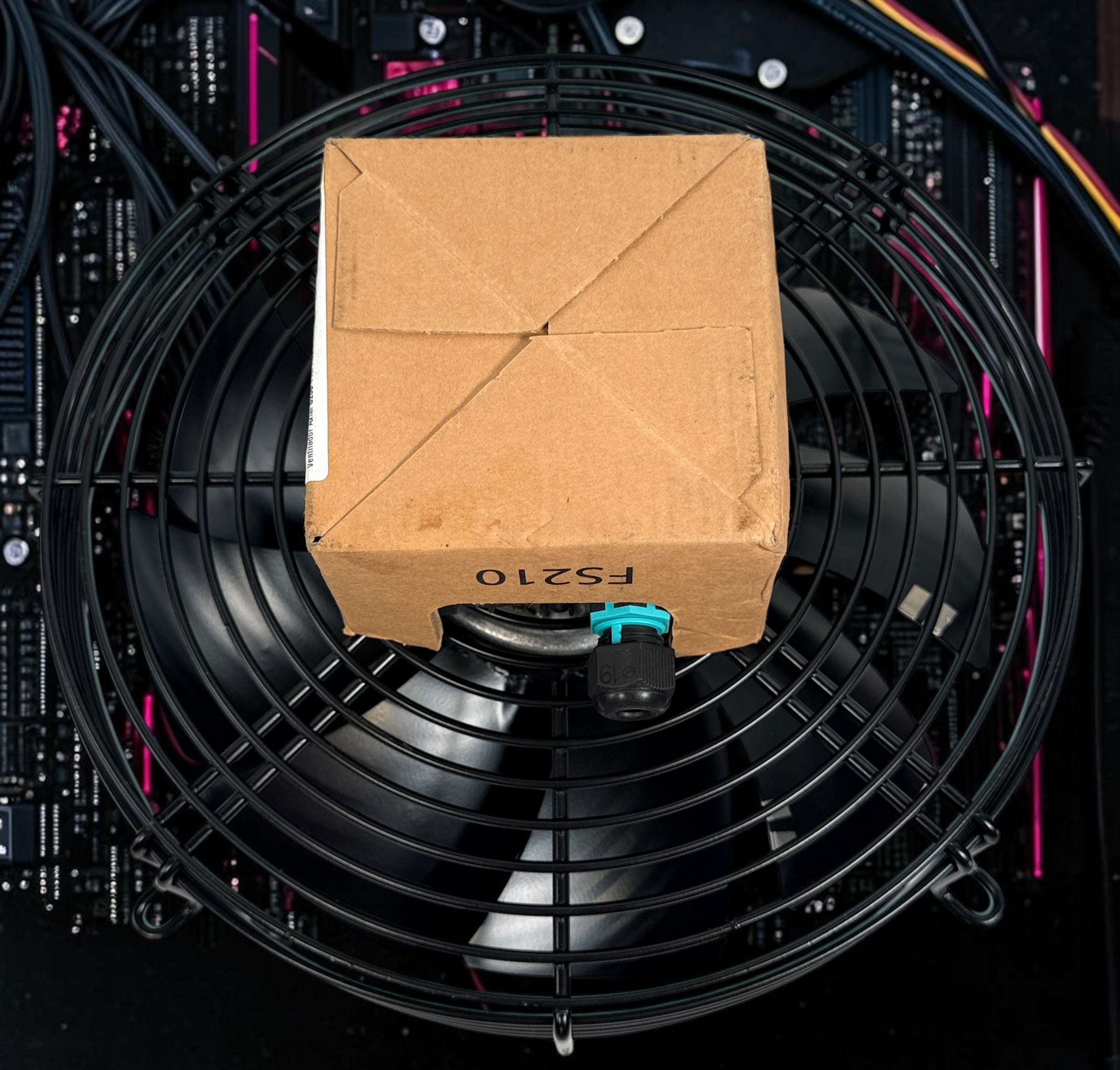 Genuine ebm-papst S2E250-AM08-15 industrial axial fan, 115 V, 165 W, 2700 RPM, manufactured in Germany and supplied in original Kaeser packaging.