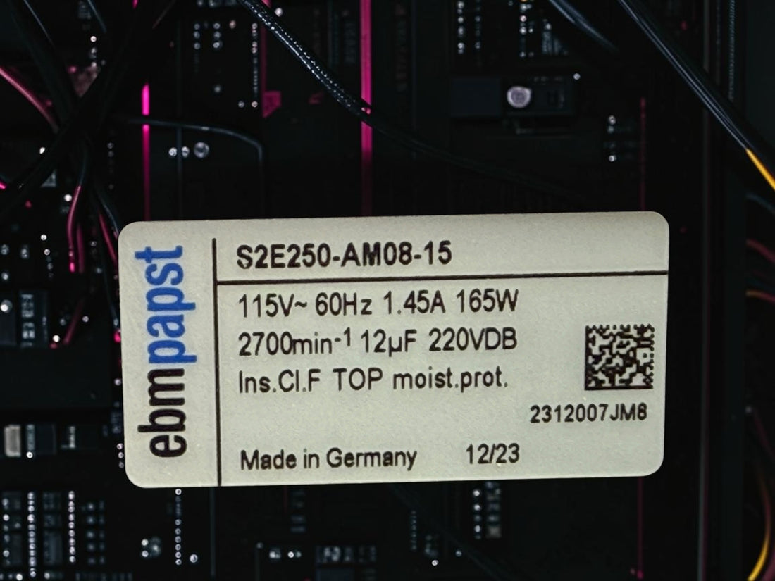 Genuine ebm-papst S2E250-AM08-15 industrial axial fan, 115 V, 165 W, 2700 RPM, manufactured in Germany and supplied in original Kaeser packaging.