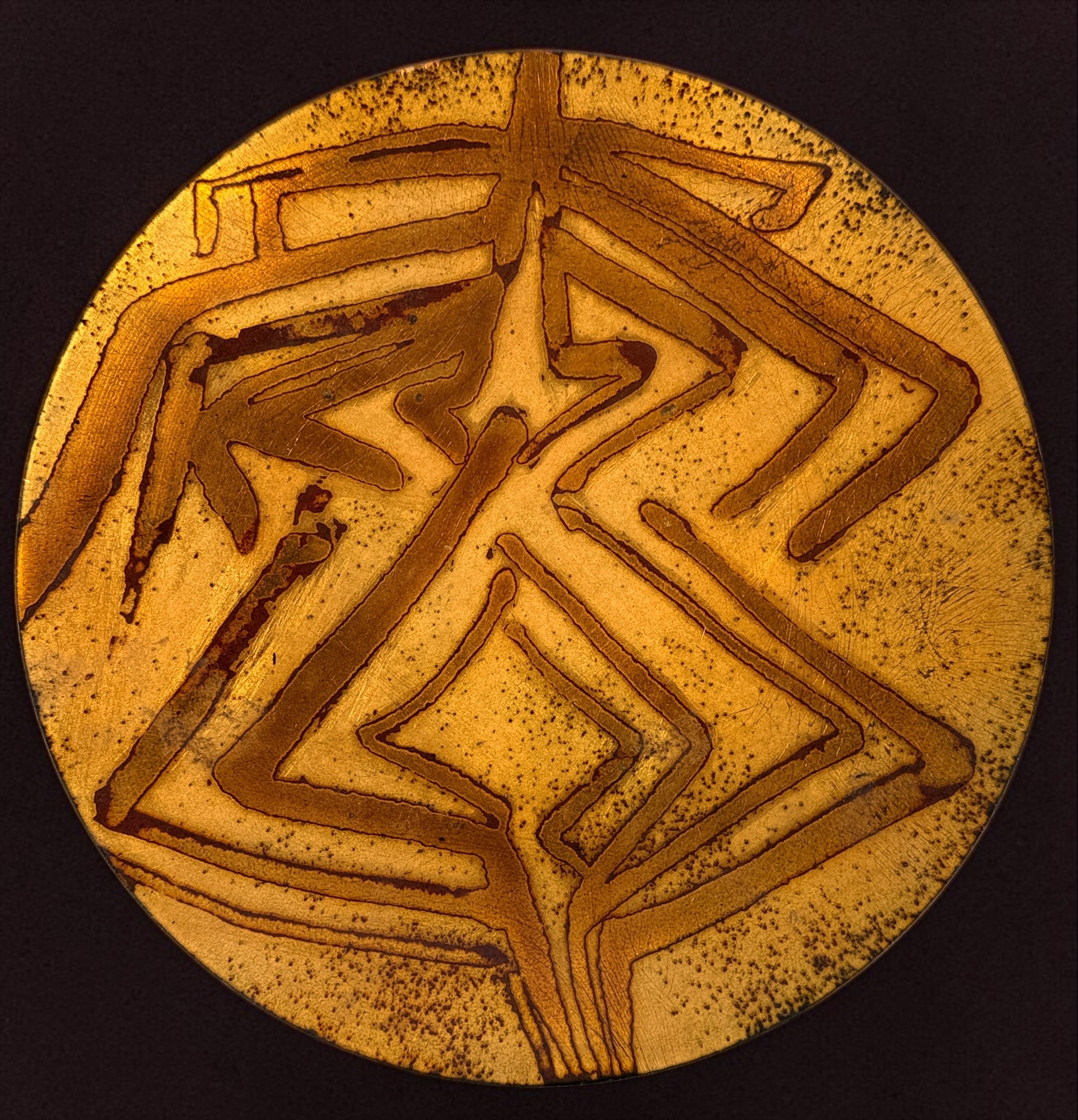 Vintage signed Rosenthal copper charger plate featuring an abstract etched design and rich patina. Mid-century modern studio art piece measuring 8.5 inches in diameter.